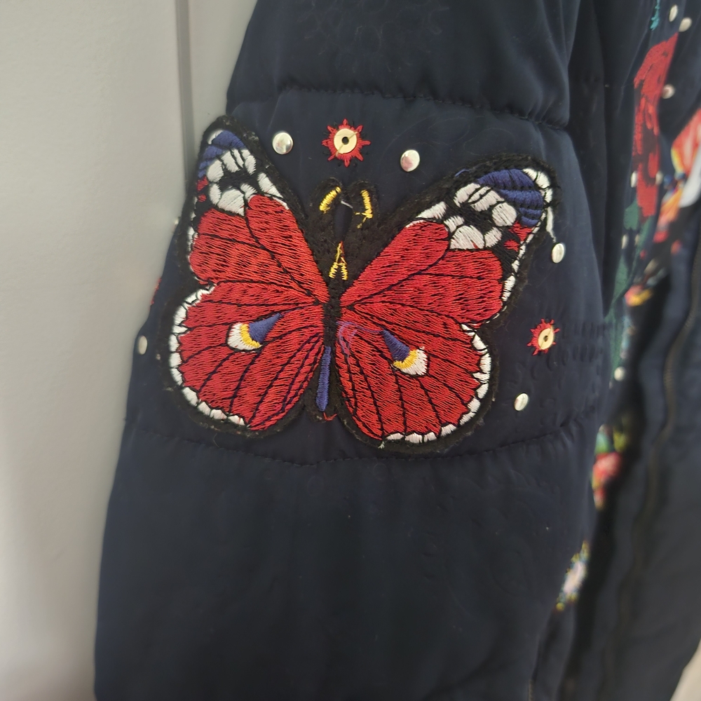 Desigual Navy Puffer Jacket with Red Rose Embroidery - Picture 9 of 11